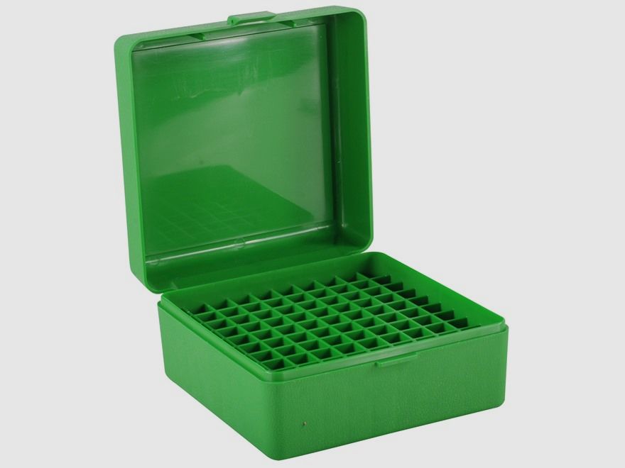 Caja de cartuchos MTM RM-100-10 verde con tapa abatible para 100 cartuchos .308 y otros.