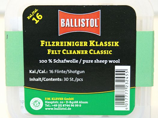 30x BALLISTOL Reinigungsfilze / Filzreiniger KLASSIK Cal. 16 | 100% Schafwolle| 16/70 Flinte/Shotgun