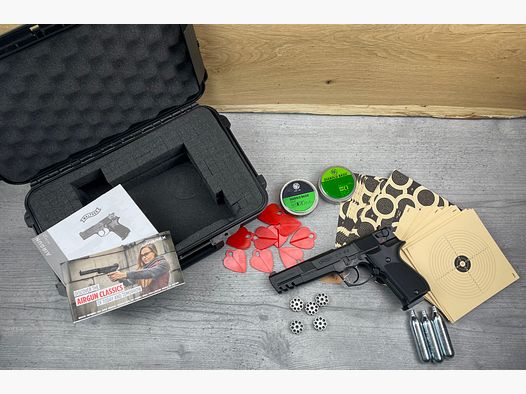 Umarex Walther CP88 CO2 Pistole 4,5mm Diabolo + 3 Kartuschen, Munition, Schießkarten & großer Koffer