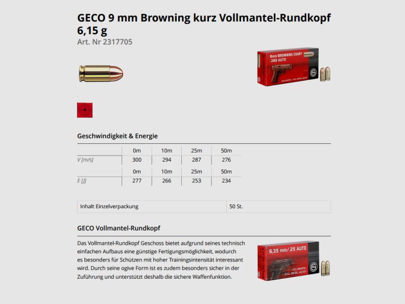 GECO Pistolenmunition 9mmBrowningKurz VM 50 Stk  50grs/3,2g