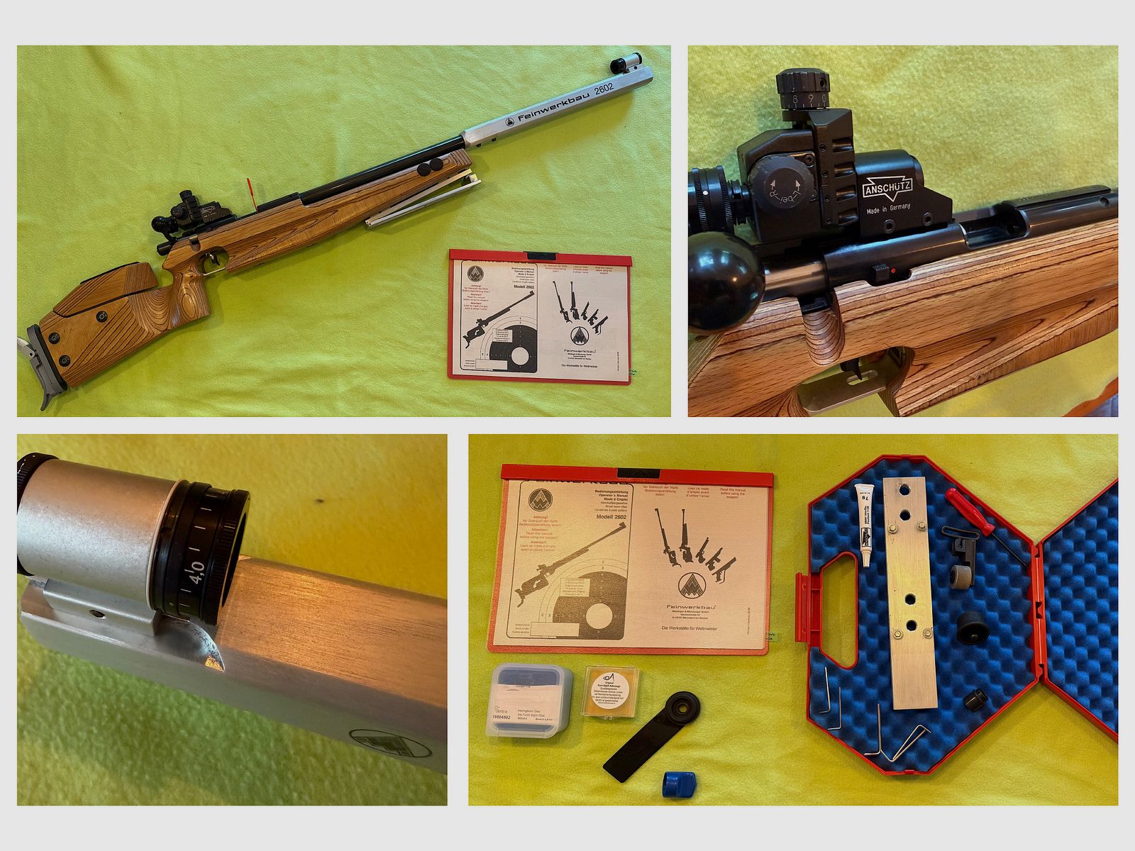 Feinwerkbau 2602 KK Match Gewehr .22lfb z diopterem Anschütz oraz akcesoriami, drewniana kolba prawostronna