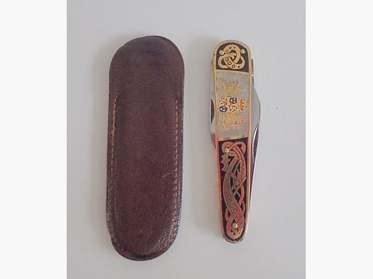 Taschenmesser + Etui, Messing, Löwen Wappen Schweden, antik!