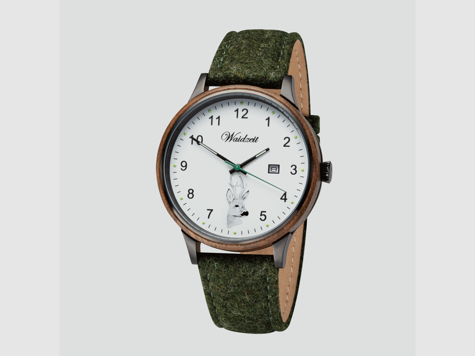 Herrenjagduhr Hubertus Rehbock mit Lodenarmband Moosgrün