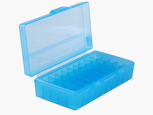 MTM scatola per cartucce P50-45-24 blu trasparente con coperchio a ribalta per 50 cartucce .45 ACP e altre.