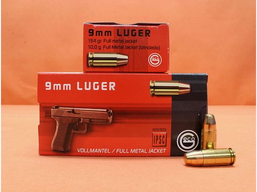 GECO Patrone 9mmLuger GECO 154grs FMJ-FN (2317708) VE 50 Patronen/ 10,0g Vollmantel Flachkopf