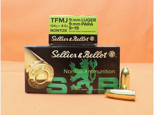 Sellier & Bellot Patrone 9mmLuger S&B/ Sellier&Bellot 124grs TFMJ NONTOX VE 50 Patronen/ 8,0g Vollmantel