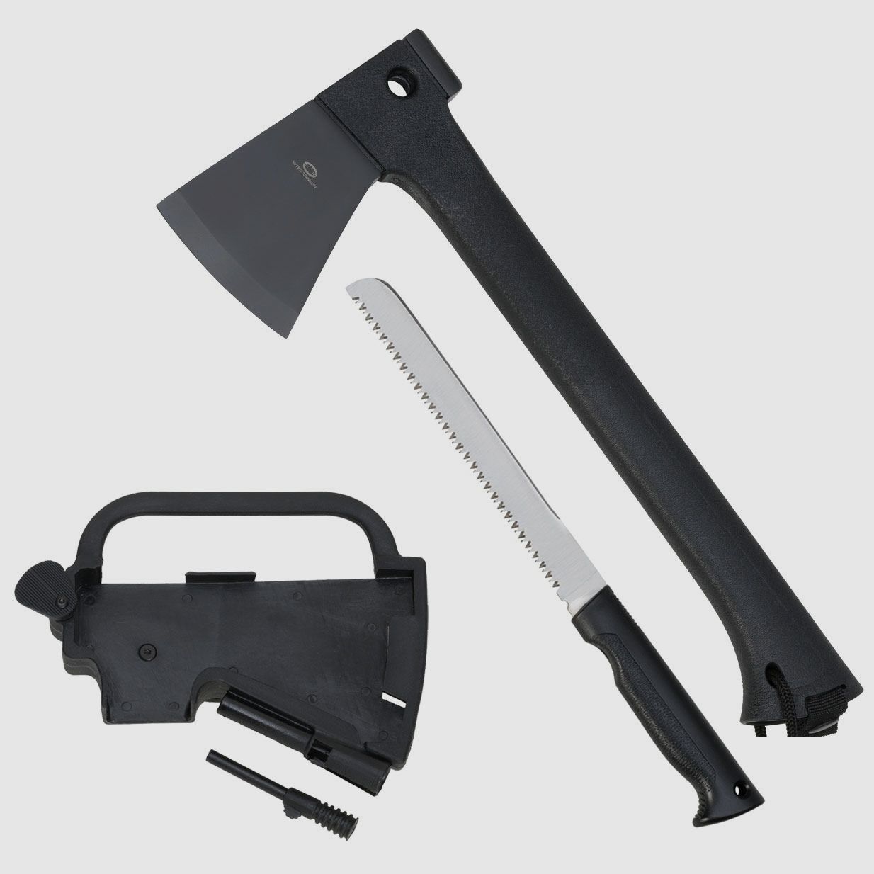 Witharmour Woodman Axt, Sge im Griff, Feuerstarter, Trage-Scheide