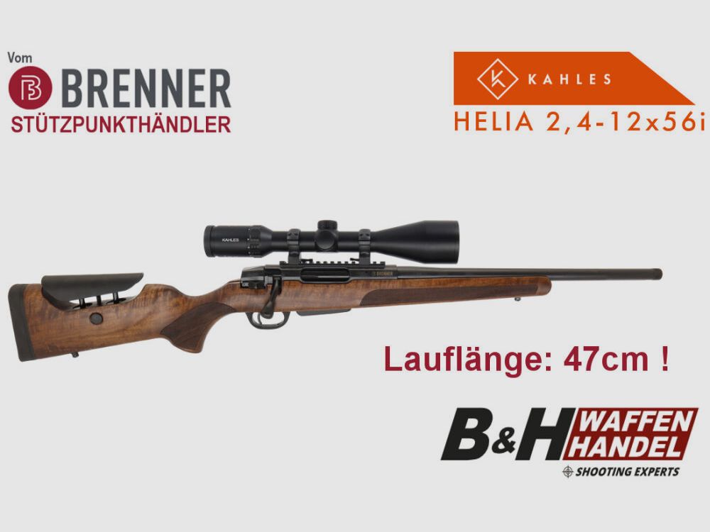 Brenner Komplettpaket: Repetierbüchse BR20 L.E. (verstellbarer Schaftrücken, LL 47cm) mit Kahles Helia 2.4-12x56i Komplettset