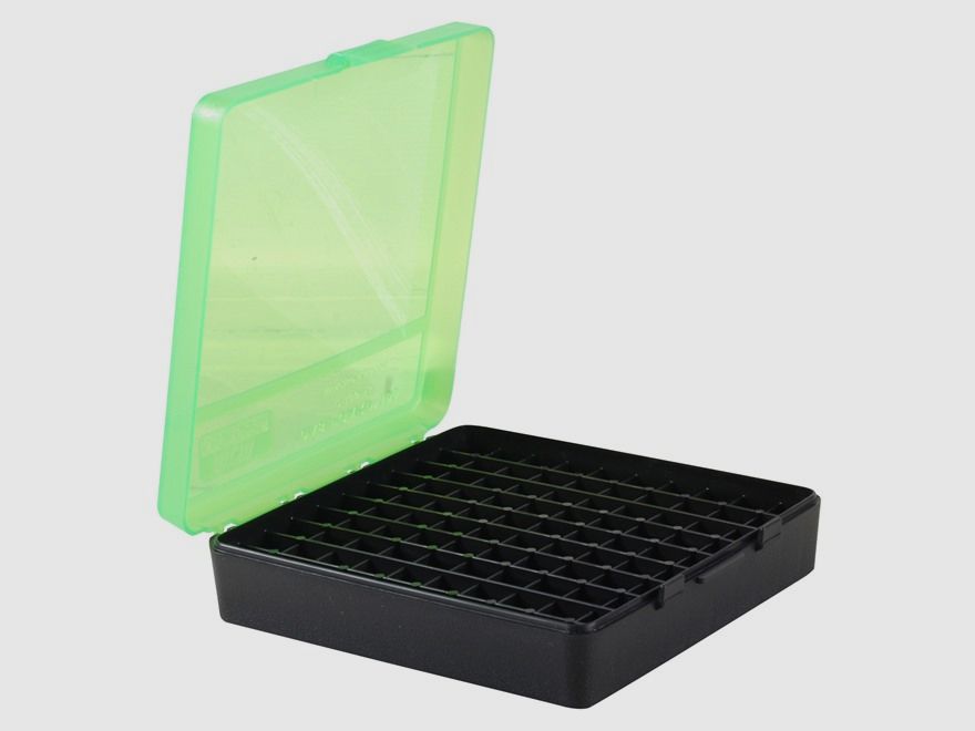 MTM scatola per cartucce P-100-45-16T verde/nera con coperchio a ribalta per 100 cartucce .45 ACP e altre.