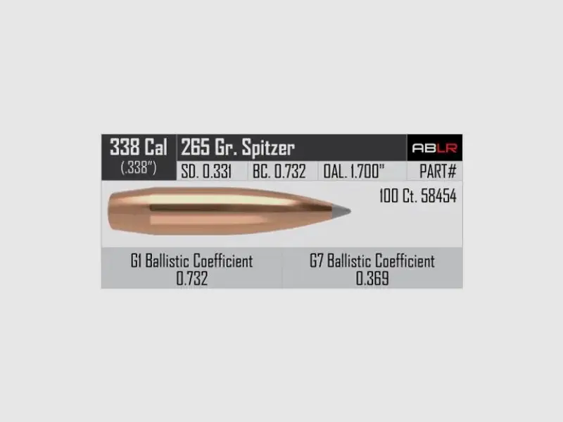 Proiettili Nosler ABLR .338 cal, dia .338, 265grs, immagine 2 di 2