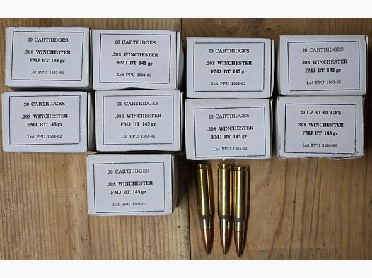 180 cartuchos PRVI/PPU .308 Win. 145grs - FMJ BT Militar