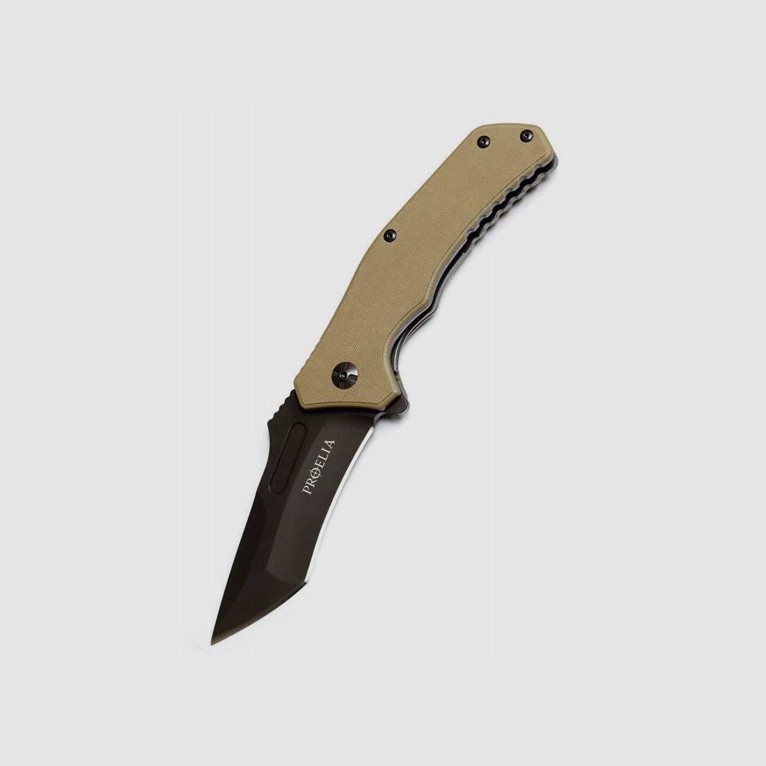 Defcon Proelia Modified Tanto Taschenmesser, schwarz beschichtet, brauner Griff