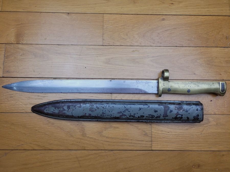 Mooie en zeldzame Duitse vervangingsbayonet messing handvat 1914-1918 – EB22 – FAG hoes – TBE, afbeelding 5 van 11