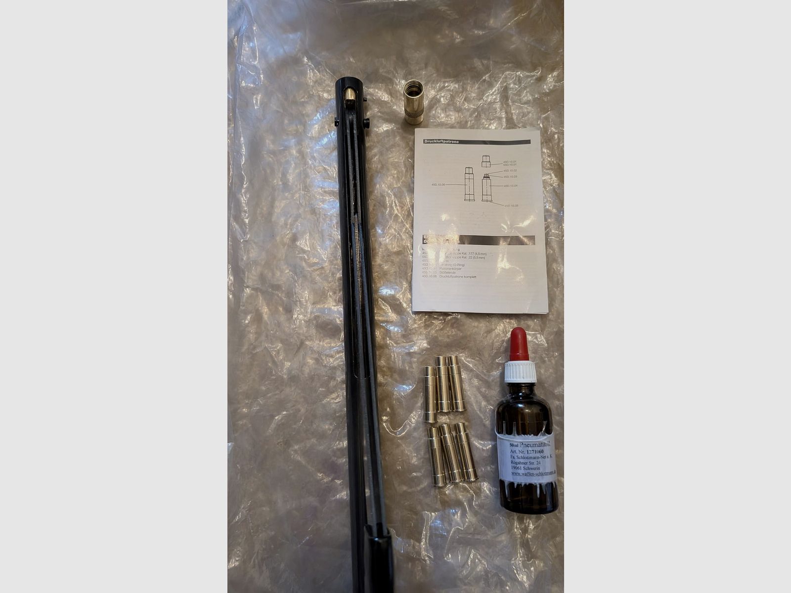 Cartucce a gas per revolver LEP cal. 5,5 mm / .22  6 pezzi + pompa a mano + olio pneumatico SET ad es. per ME Bull Barrel Single Action Army Revolver