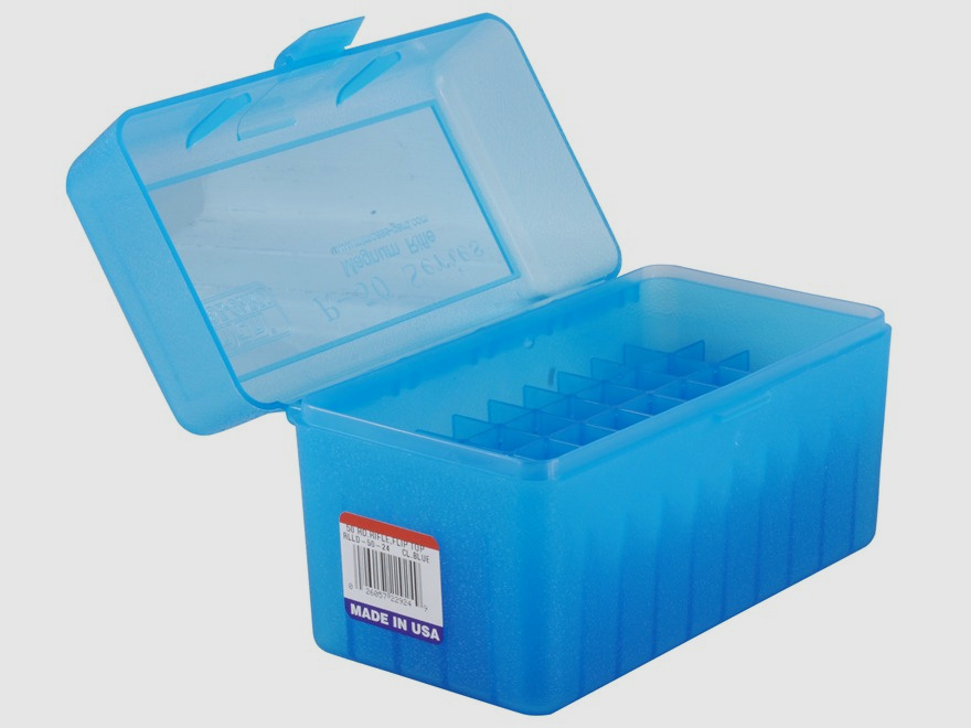 MTM scatola per cartucce RLLD-50-24 blu trasparente con coperchio a ribalta per 50 cartucce 7mm Rem. Mag. e altre.