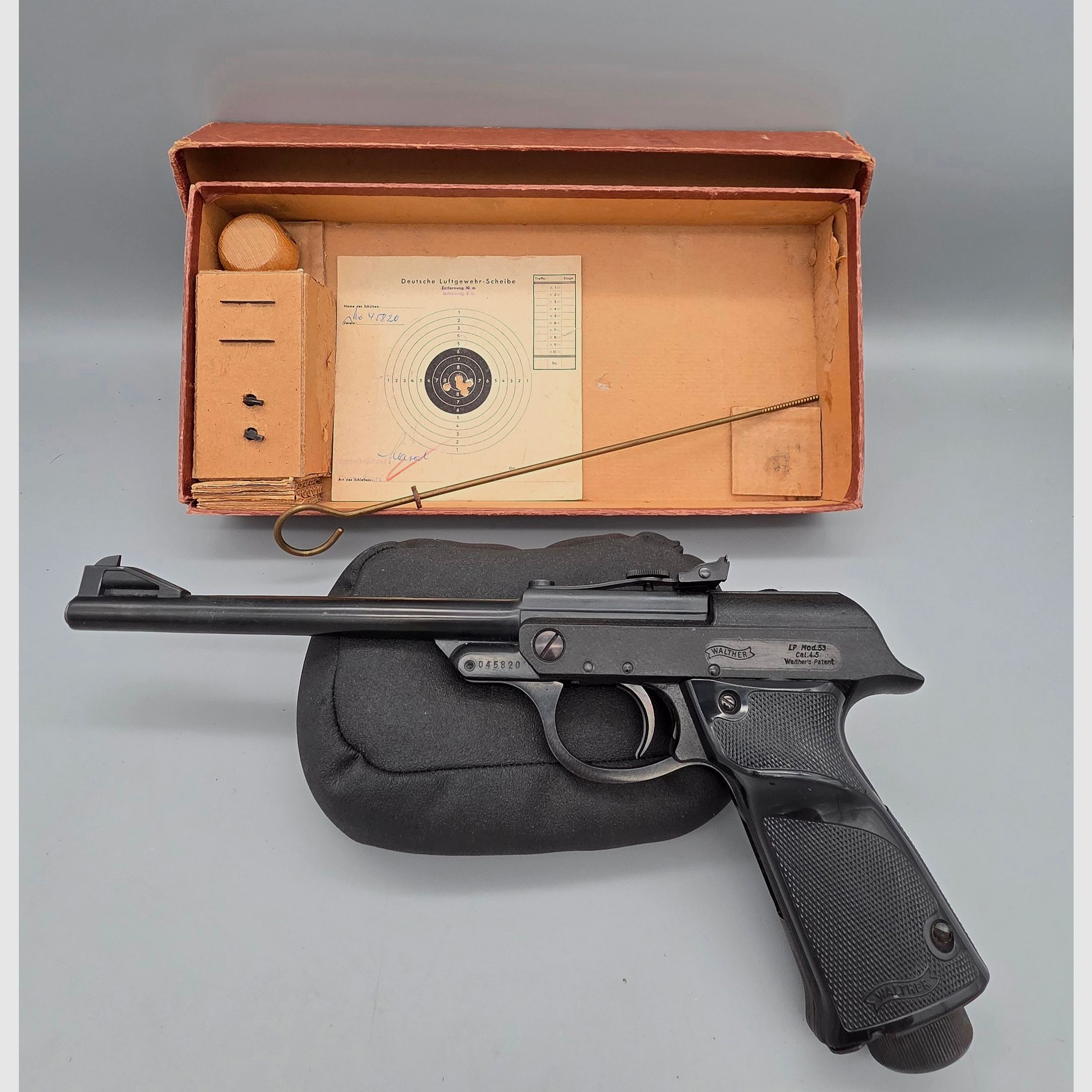 Ohne "F" !!! Luftpistole Walther Mod. LP 53 im OVP Karton u. Anschuss Scheibe aus den 60iger James Bond 007 