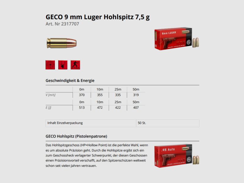 GECO Pistolenmunition 9mmLuger JHP 50 Stk  115grs/7,5g