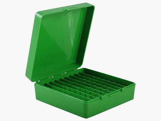 Caja de cartuchos MTM P-100-44-10 verde con tapa abatible para 100 cartuchos .44 Mag. y otros.
