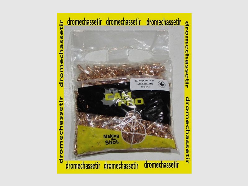 Packung mit 500 Geschossen Cam-pro, Kal. 224, 55 gr FMJBT mit Crimpung